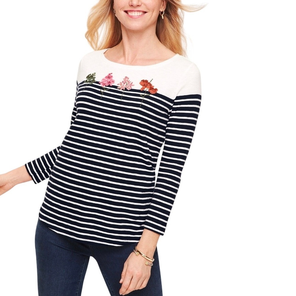 Talbots 2X Navy White Striped Floral Embroidered Bead Cotton Modal Top Casual